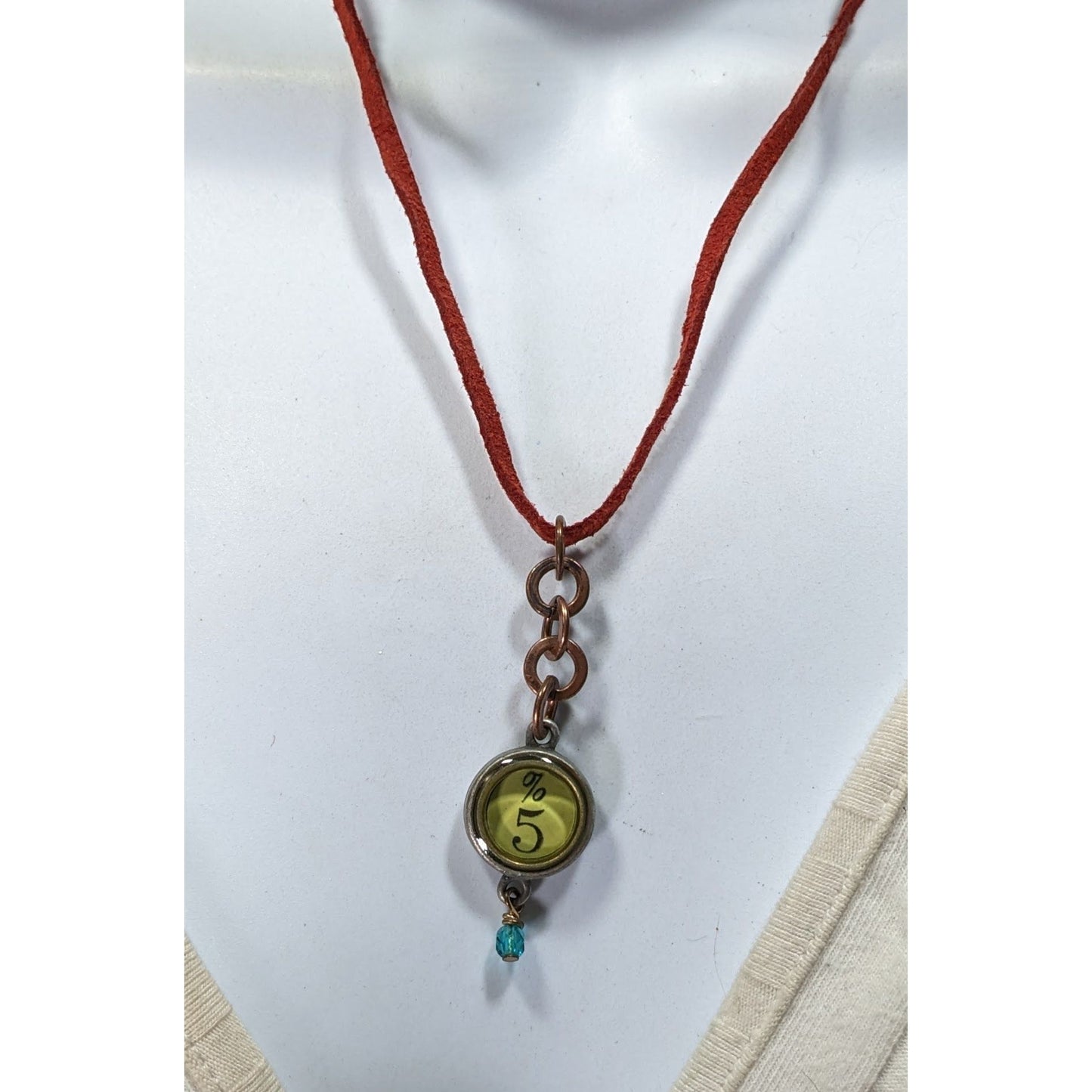 Handcrafted Steampunk Red Suede Necklace With %5 Green Charm & Blue Bead Pendant