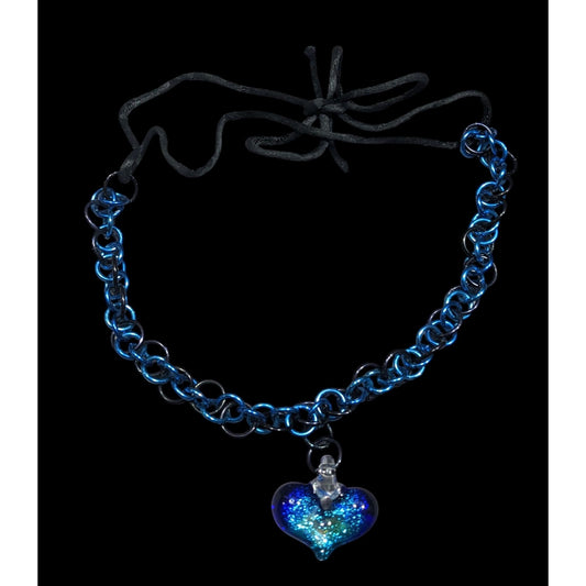 Handmade Whimsical Blue Heart And Chainmail Necklace