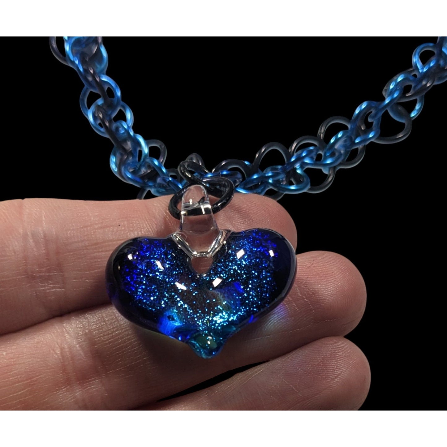 Handmade Whimsical Blue Heart And Chainmail Necklace