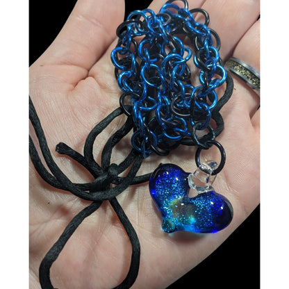Handmade Whimsical Blue Heart And Chainmail Necklace