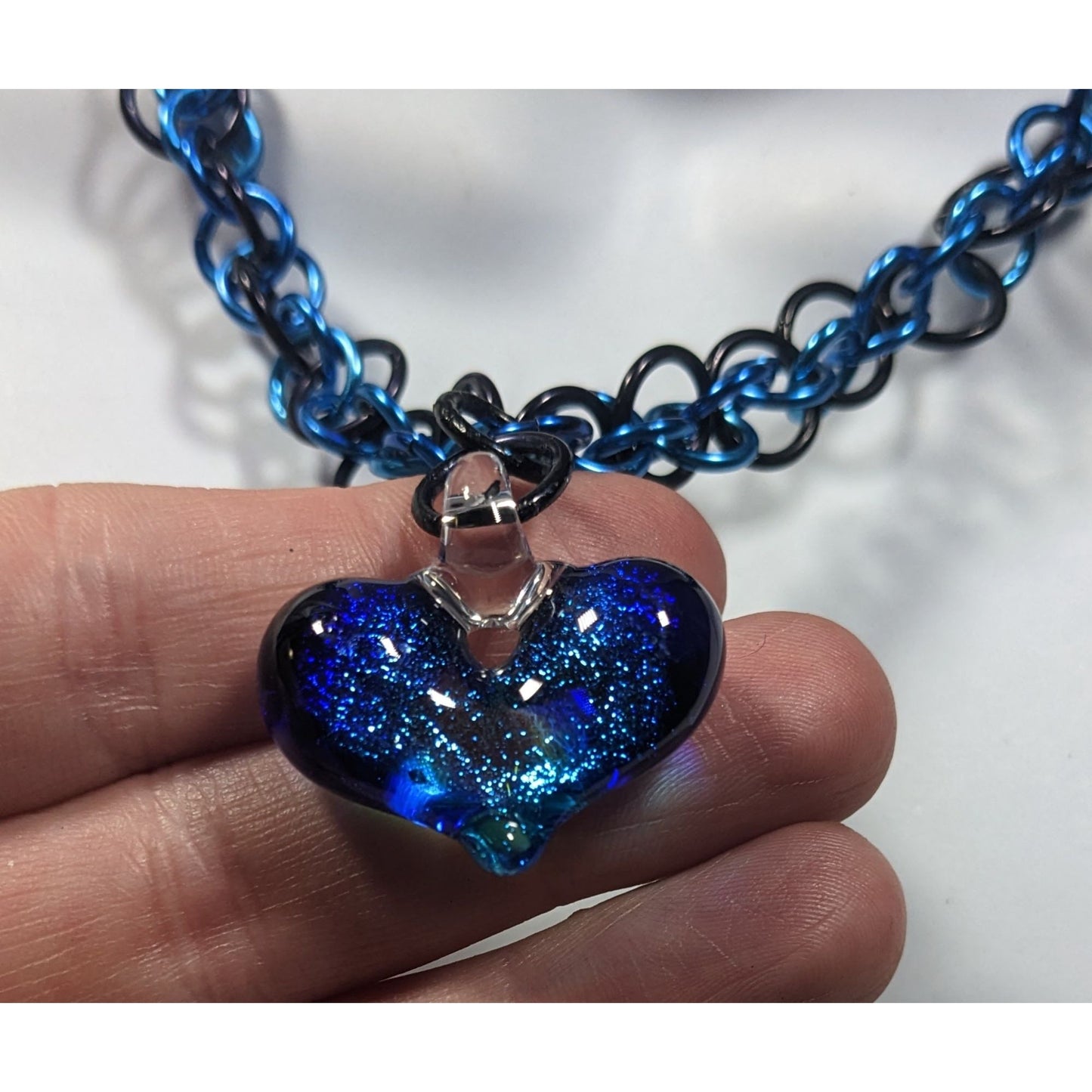 Handmade Whimsical Blue Heart And Chainmail Necklace