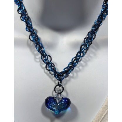 Handmade Whimsical Blue Heart And Chainmail Necklace