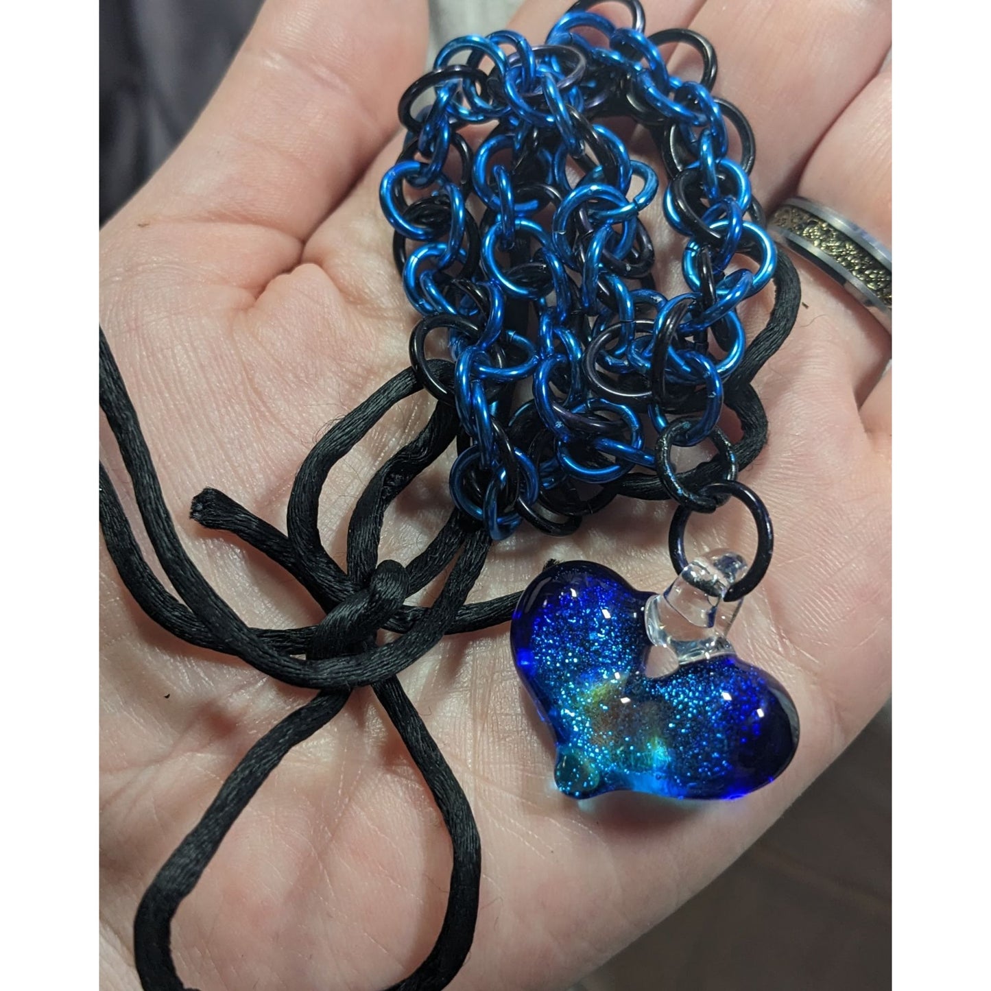 Handmade Whimsical Blue Heart And Chainmail Necklace