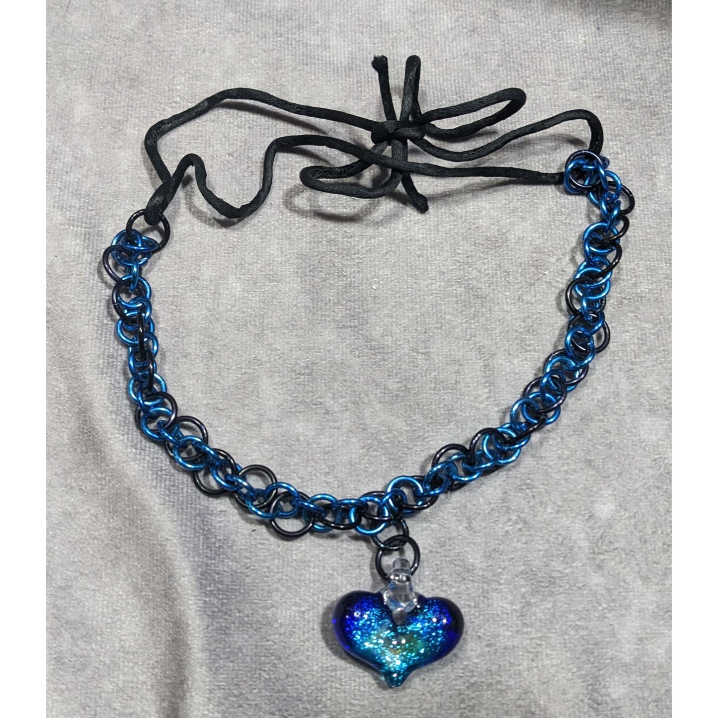 Handmade Whimsical Blue Heart And Chainmail Necklace