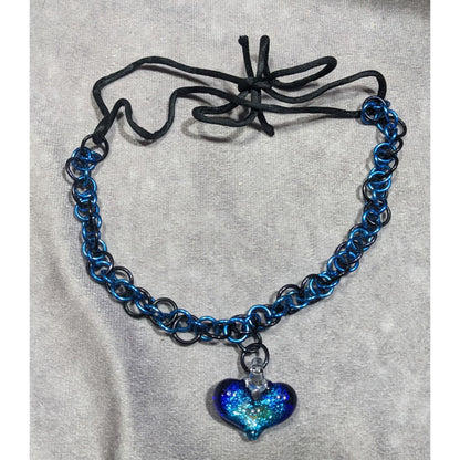 Handmade Whimsical Blue Heart And Chainmail Necklace