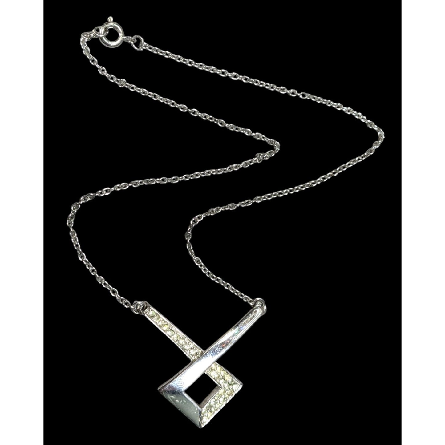 Geometric Pendant Necklace Silver ToneWith Rhinestone Accents On Chain