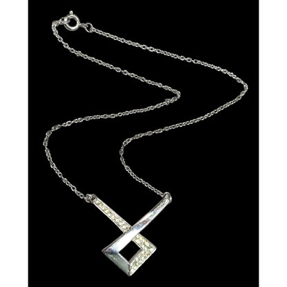 Geometric Pendant Necklace Silver ToneWith Rhinestone Accents On Chain
