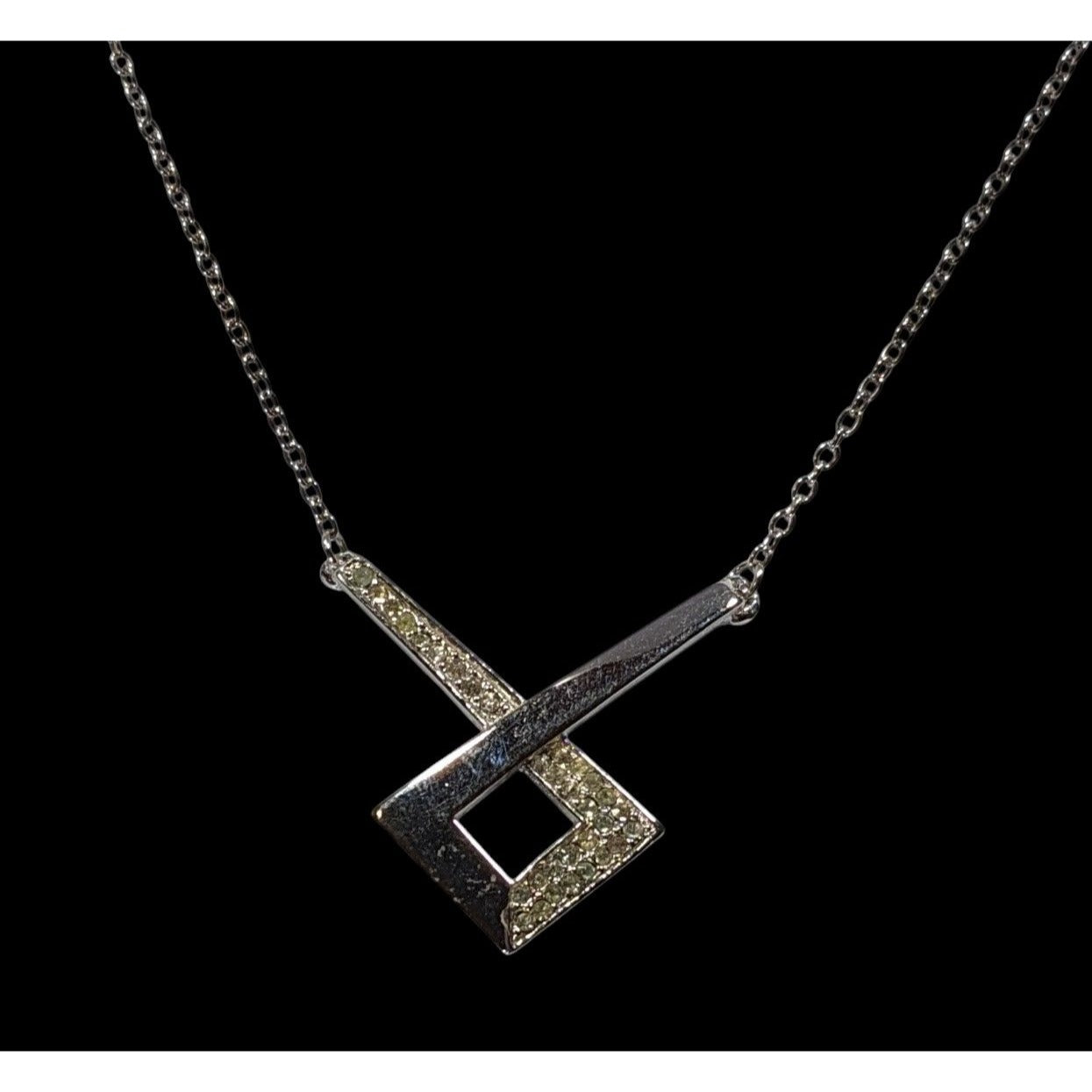 Geometric Pendant Necklace Silver ToneWith Rhinestone Accents On Chain