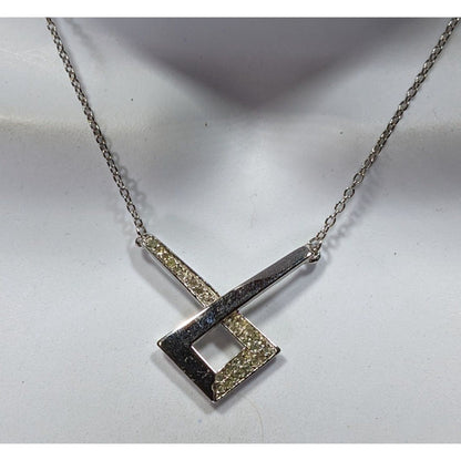 Geometric Pendant Necklace Silver ToneWith Rhinestone Accents On Chain