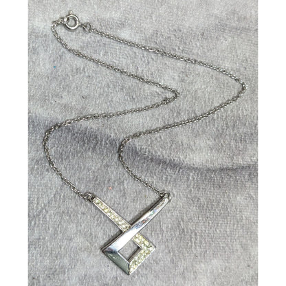 Geometric Pendant Necklace Silver ToneWith Rhinestone Accents On Chain
