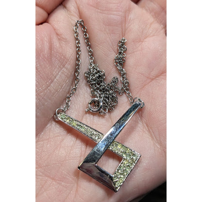 Geometric Pendant Necklace Silver ToneWith Rhinestone Accents On Chain