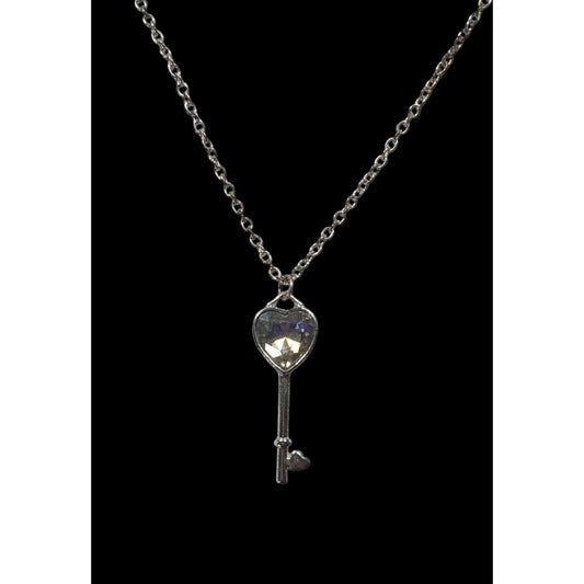 Fantasy Steampunk Heart Gemmed Key Silver Tone Pendant Necklace
