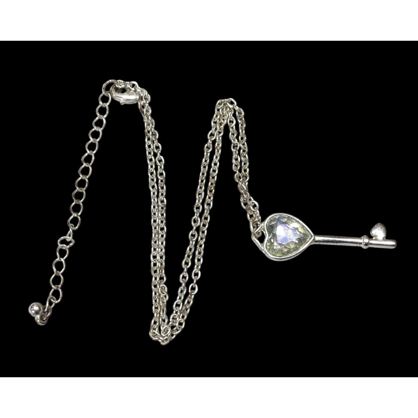 Fantasy Steampunk Heart Gemmed Key Silver Tone Pendant Necklace