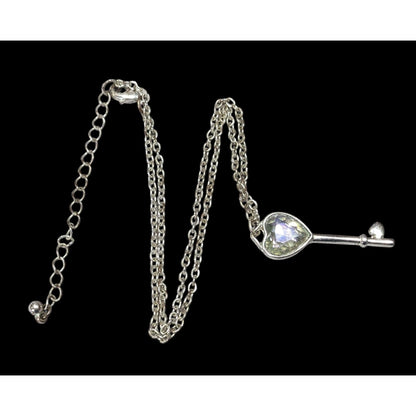 Fantasy Steampunk Heart Gemmed Key Silver Tone Pendant Necklace