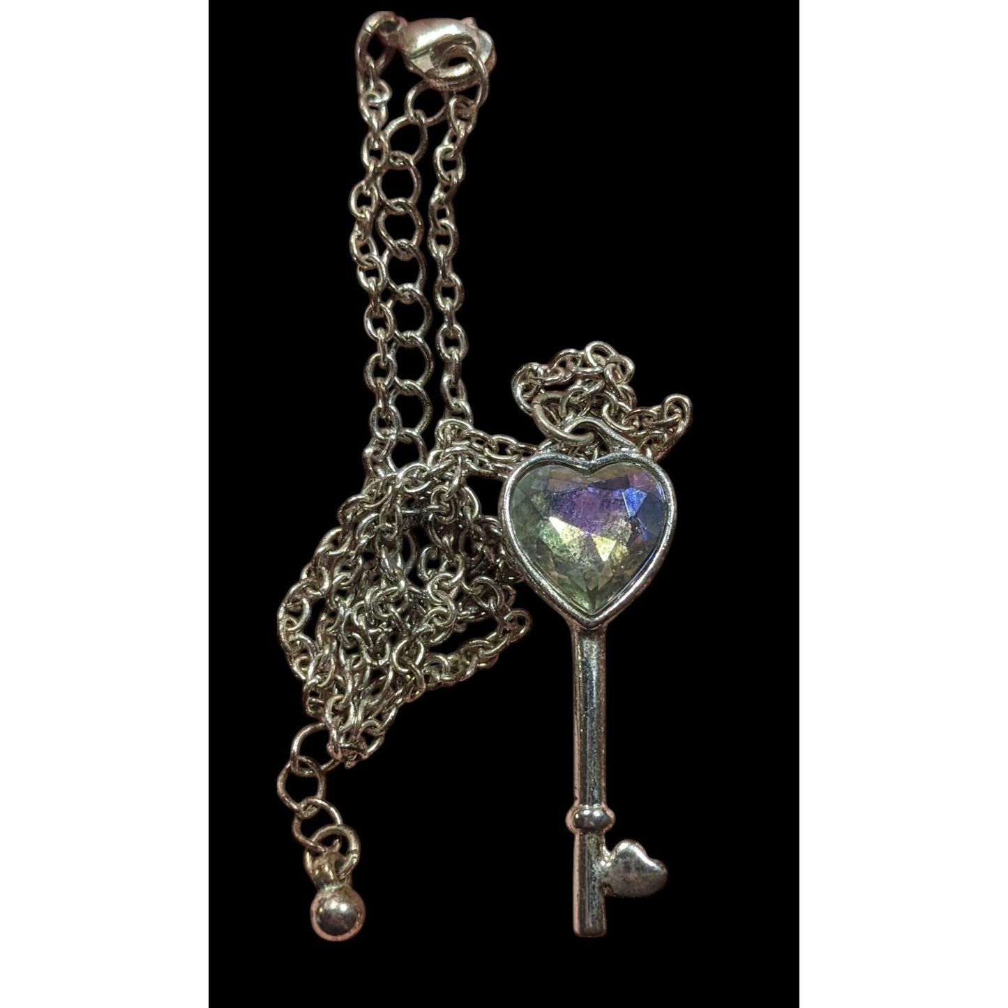 Fantasy Steampunk Heart Gemmed Key Silver Tone Pendant Necklace