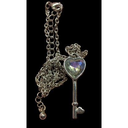 Fantasy Steampunk Heart Gemmed Key Silver Tone Pendant Necklace