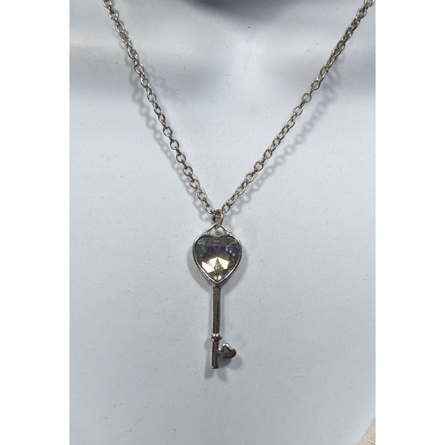 Fantasy Steampunk Heart Gemmed Key Silver Tone Pendant Necklace