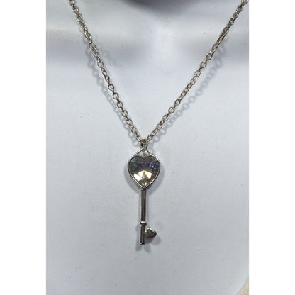 Fantasy Steampunk Heart Gemmed Key Silver Tone Pendant Necklace