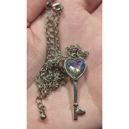Fantasy Steampunk Heart Gemmed Key Silver Tone Pendant Necklace