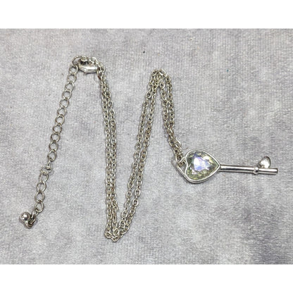 Fantasy Steampunk Heart Gemmed Key Silver Tone Pendant Necklace