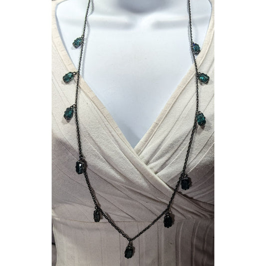 Gothic Green Gemmed Gunmetal Tone Charm Necklace