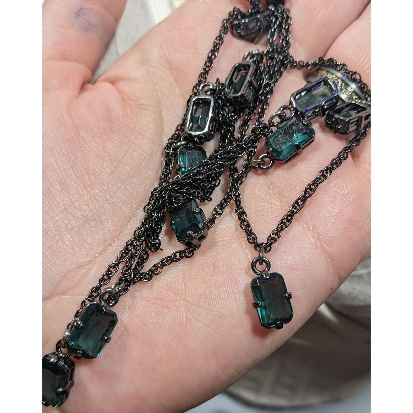 Gothic Green Gemmed Gunmetal Tone Charm Necklace