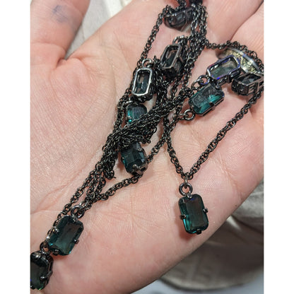 Gothic Green Gemmed Gunmetal Tone Charm Necklace
