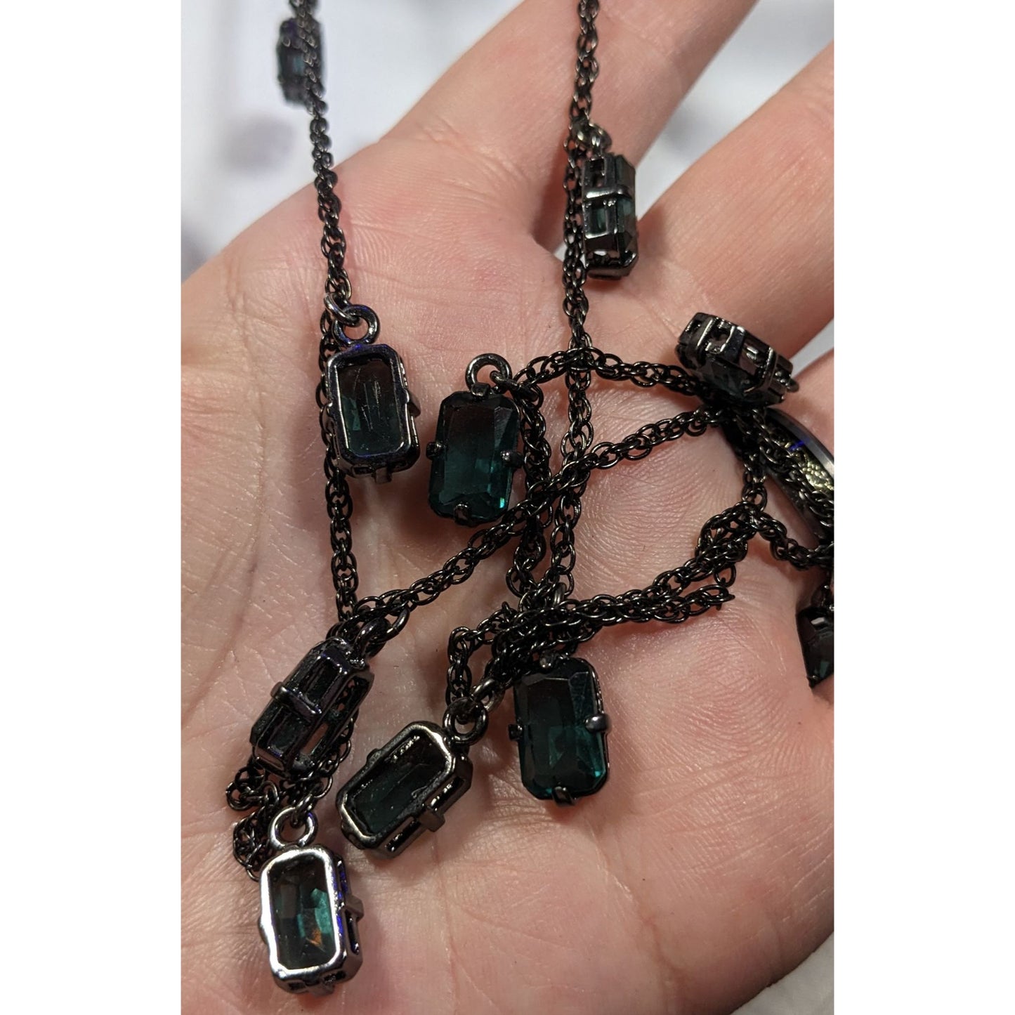 Gothic Green Gemmed Gunmetal Tone Charm Necklace