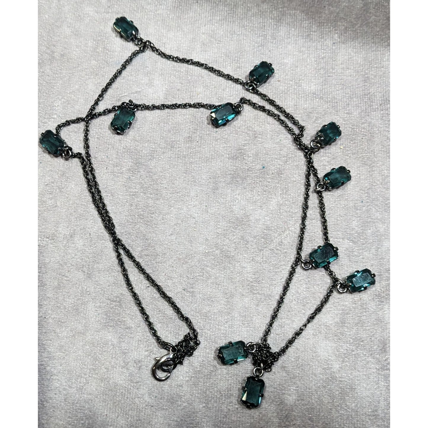 Gothic Green Gemmed Gunmetal Tone Charm Necklace