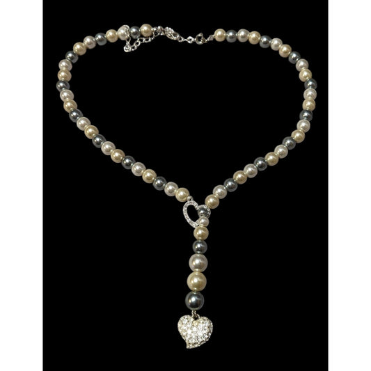 Vintage Avon Grey And White Faux Pearl Silver Tone Rhinestone Heart Lariat Necklace