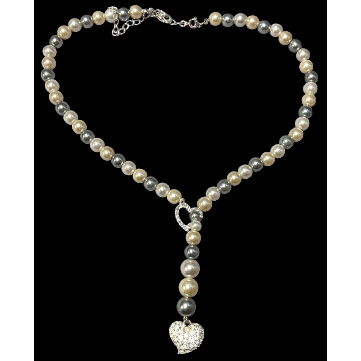 Vintage Avon Grey And White Faux Pearl Silver Tone Rhinestone Heart Lariat Necklace