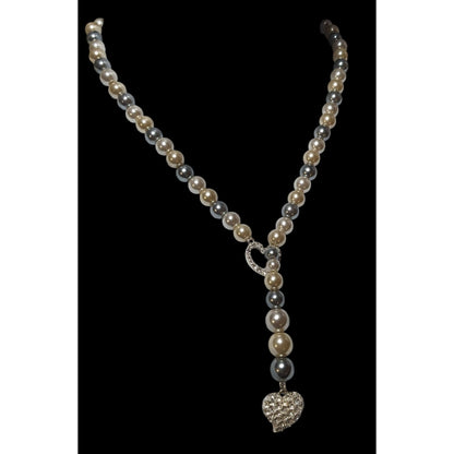 Vintage Avon Grey And White Faux Pearl Silver Tone Rhinestone Heart Lariat Necklace