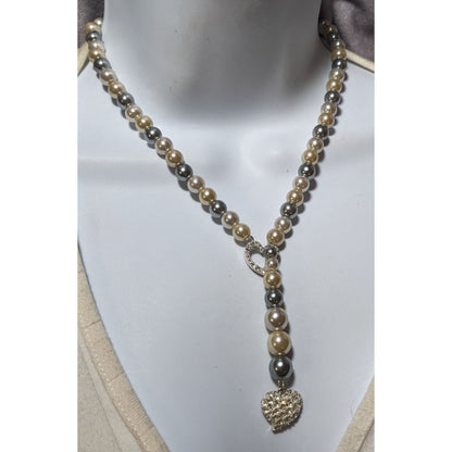 Vintage Avon Grey And White Faux Pearl Silver Tone Rhinestone Heart Lariat Necklace