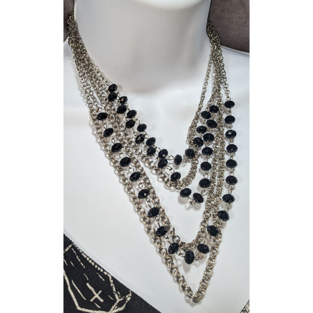 Christina Greene Glam Goth Multi Strand Metal Black Bead Necklace 14 Inch