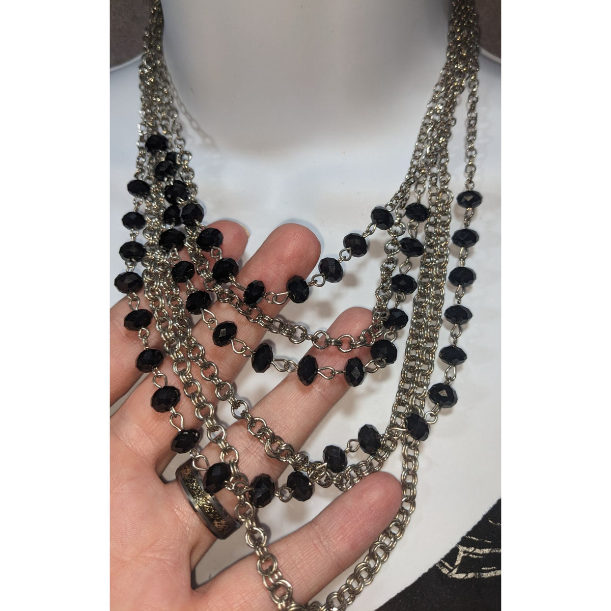 Christina Greene Glam Goth Multi Strand Metal Black Bead Necklace 14 Inch