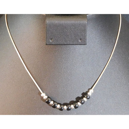 Elegant Minimalist Black And Silver Tone Beaded Necklace