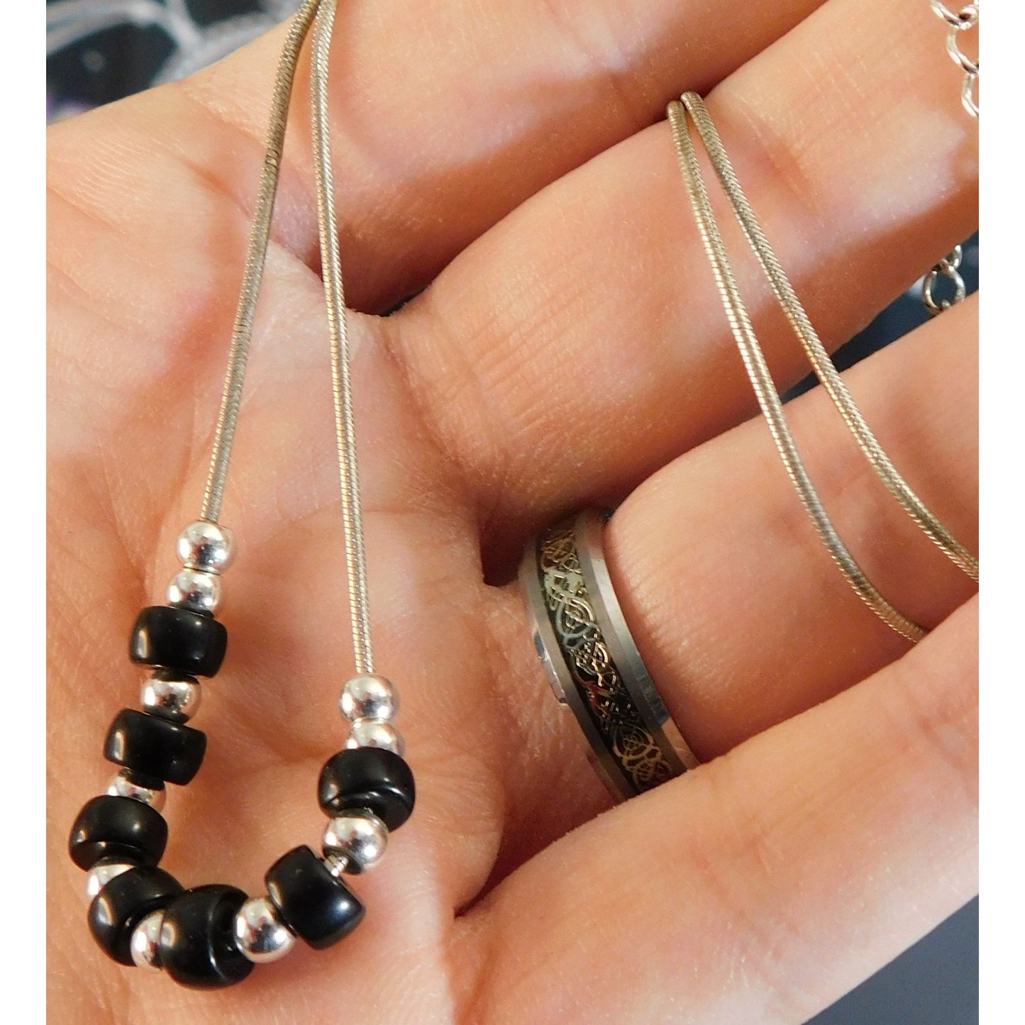 Elegant Minimalist Black And Silver Tone Beaded Necklace