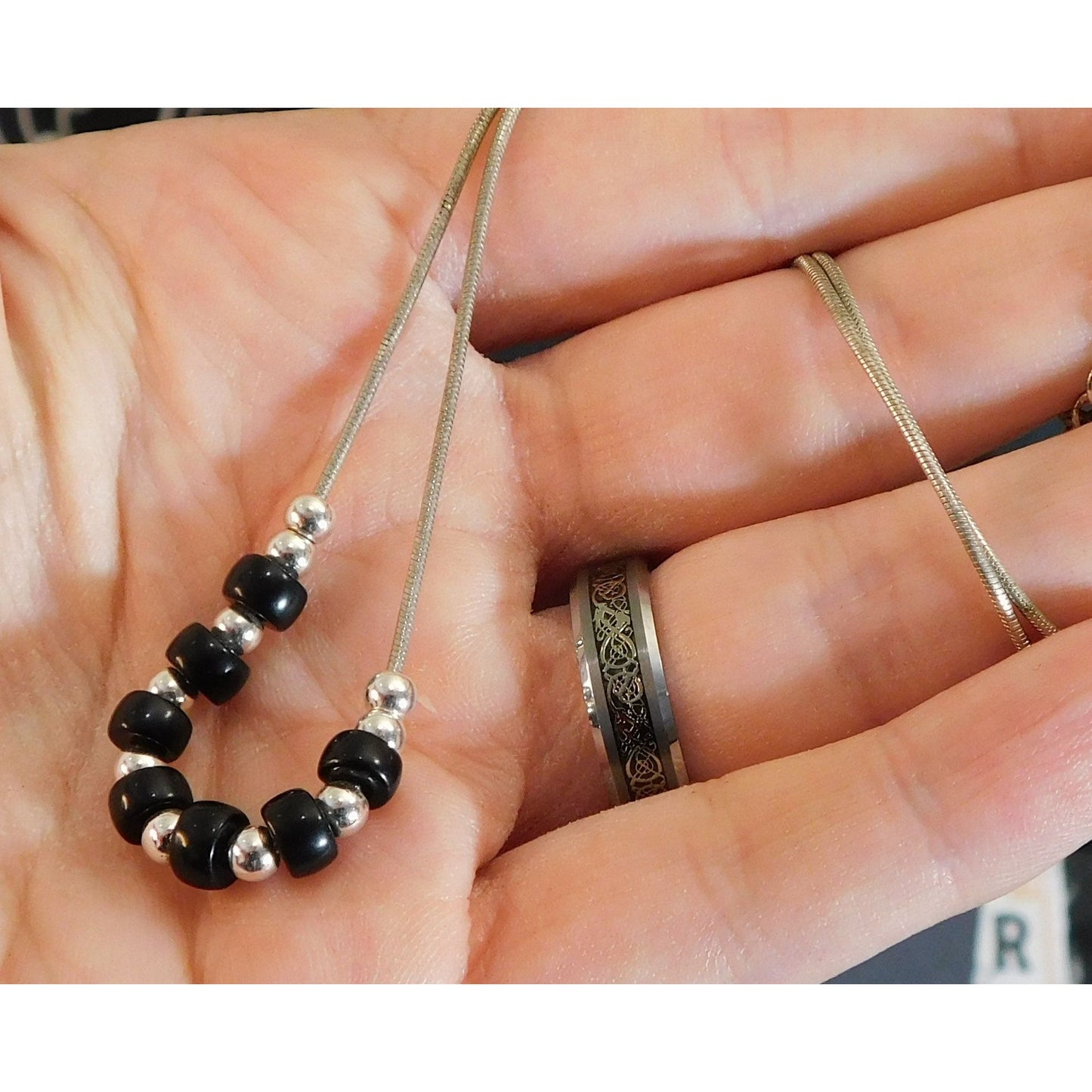 Elegant Minimalist Black And Silver Tone Beaded Necklace