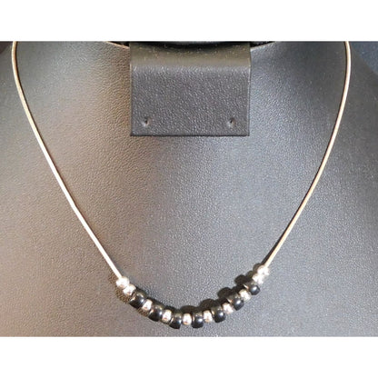 Elegant Minimalist Black And Silver Tone Beaded Necklace