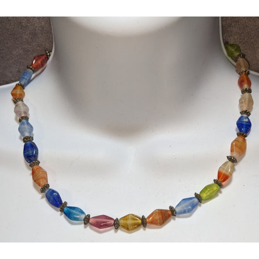 Vintage Rainbow Glass Beaded Necklace With Antique Brass Accents
