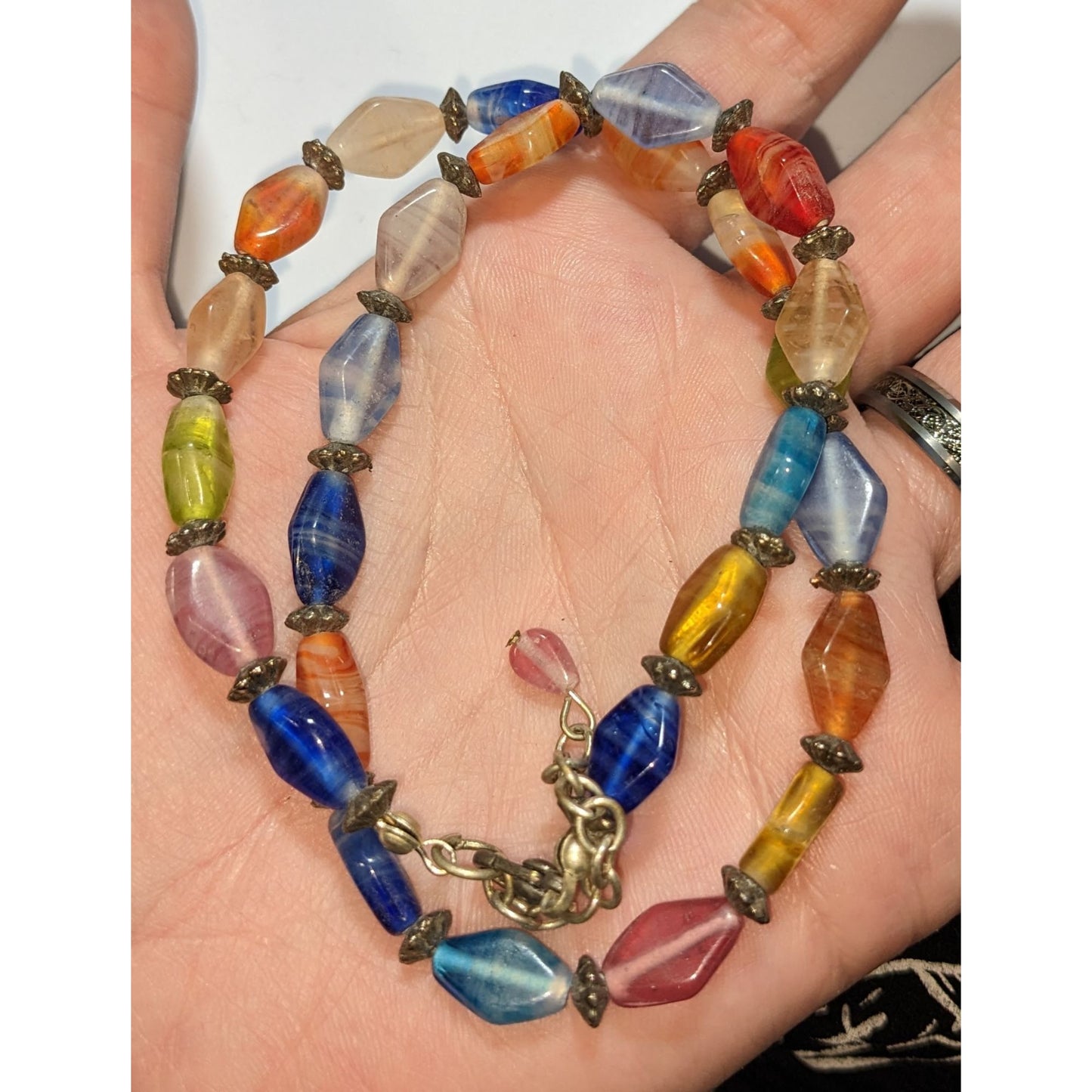 Vintage Rainbow Glass Beaded Necklace With Antique Brass Accents