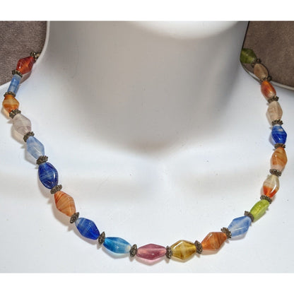 Vintage Rainbow Glass Beaded Necklace With Antique Brass Accents