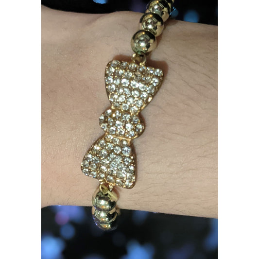 Coquette Rhinestone Bow Tie Gold Tone Beaded Bracelet