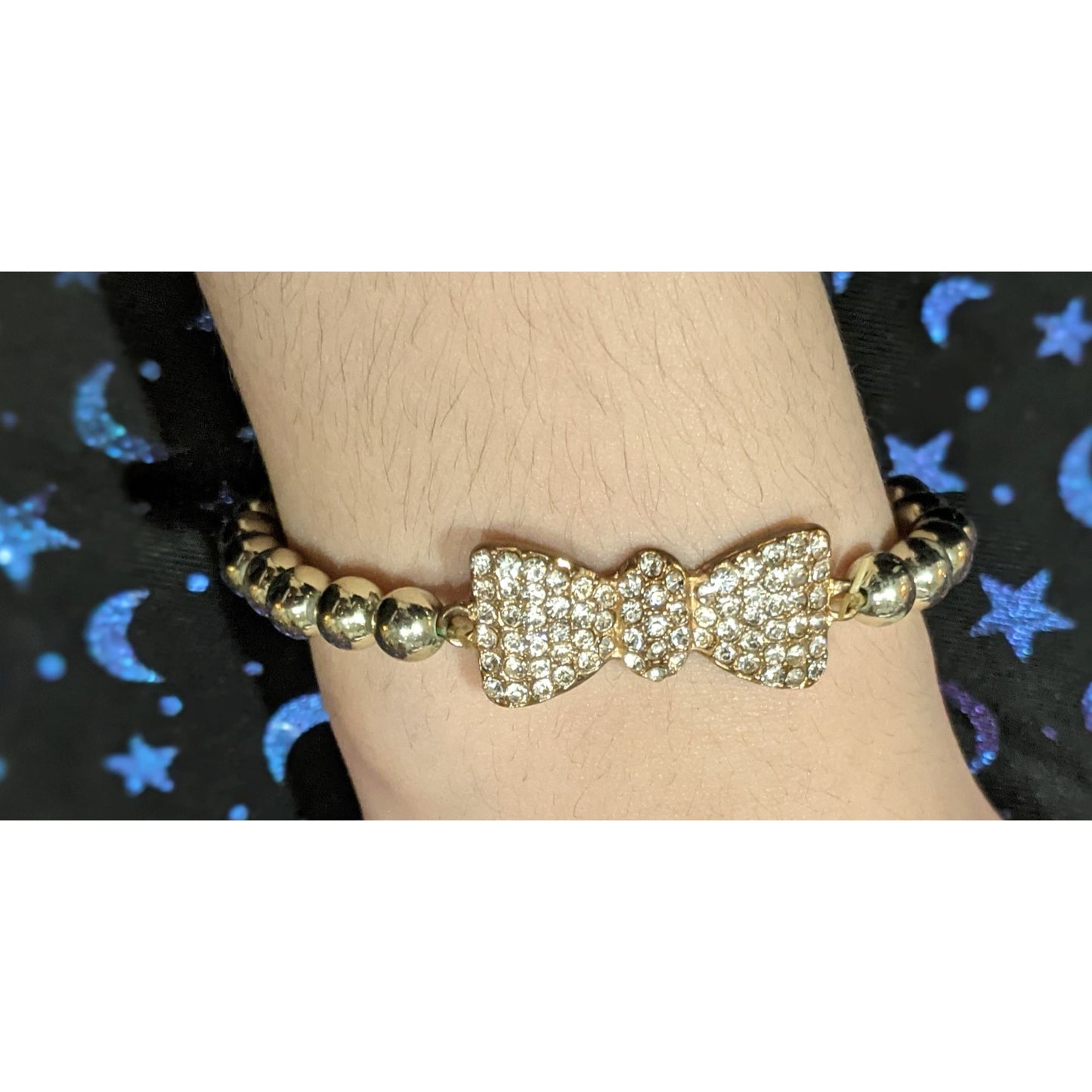 Coquette Rhinestone Bow Tie Gold Tone Beaded Bracelet