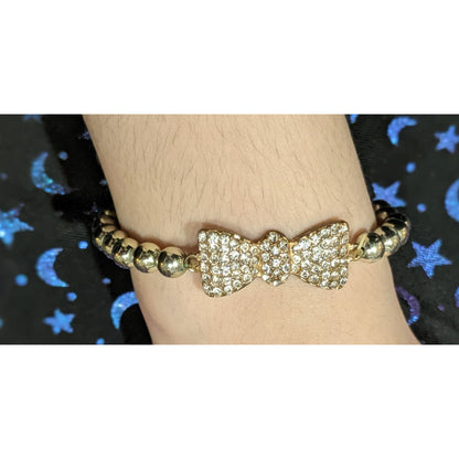 Coquette Rhinestone Bow Tie Gold Tone Beaded Bracelet