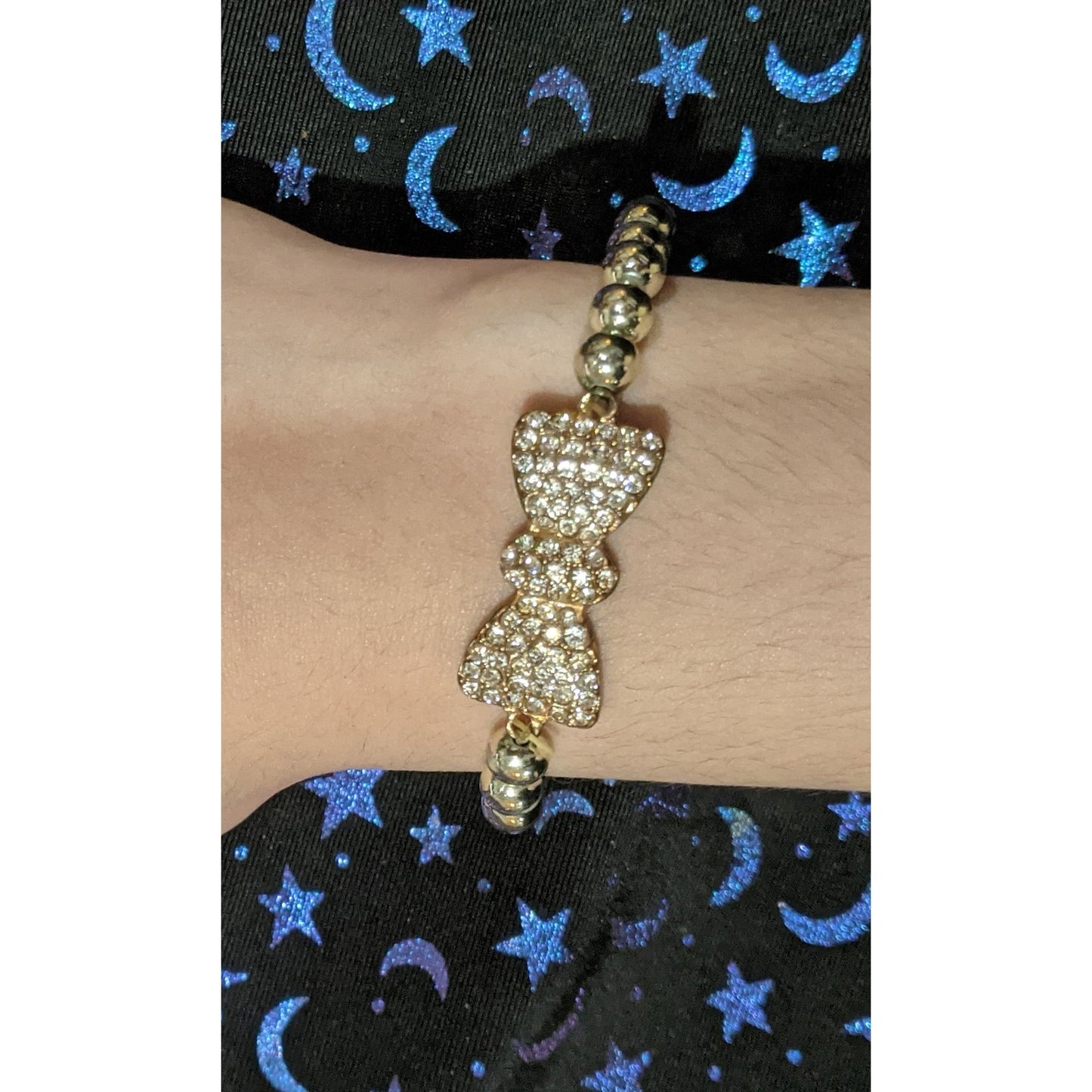Coquette Rhinestone Bow Tie Gold Tone Beaded Bracelet