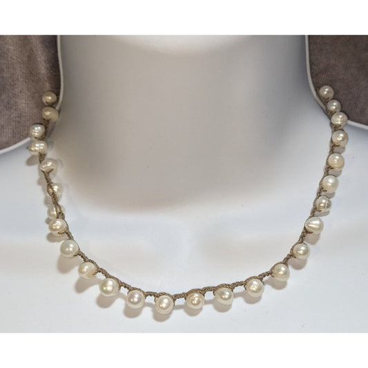 Vintage Freshwater Pearl Crochet Necklace Boho Cottagecore Natural Pearl Bib Choker
