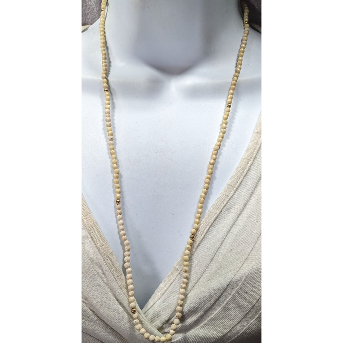 Vintage Cream Riverstone Beaded Necklace With Gold Tone Accents