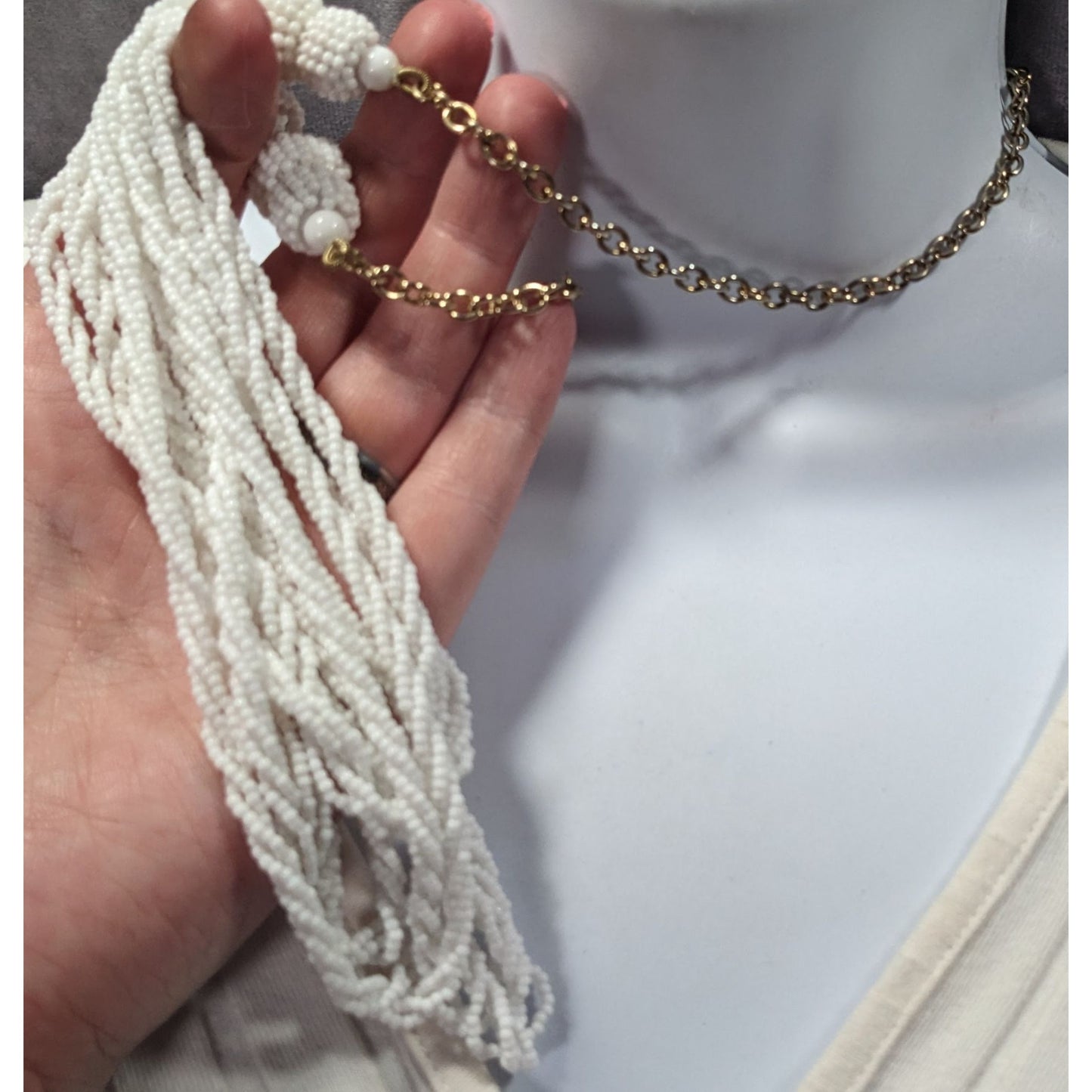 Talbots Preppy White Glass Bead Twisted Strand Necklace