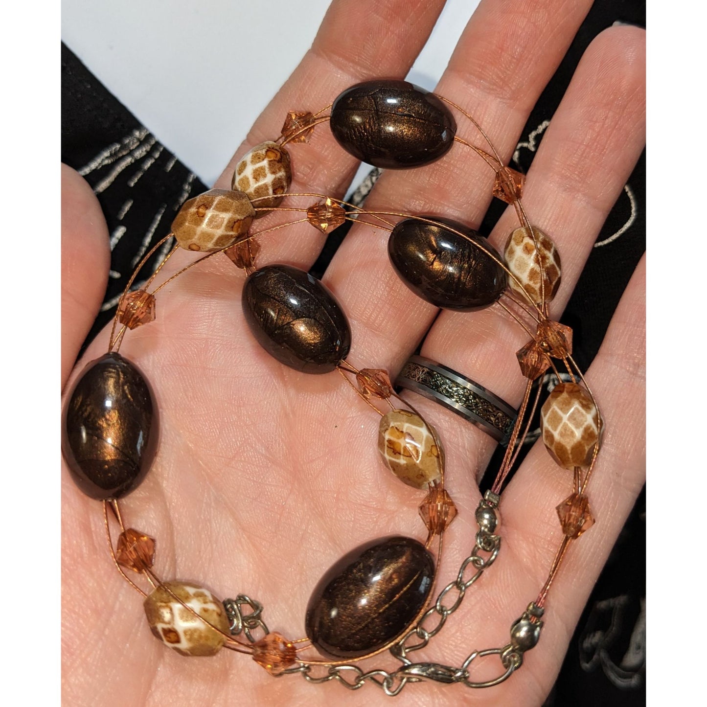Bohemian Brown & Gold Beaded Necklace With Giraffe Print Beads